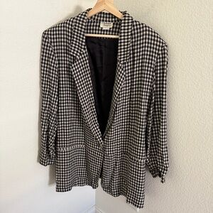 VINTAGE retro indie tan black gingham linen blend lightweight blazer jacket